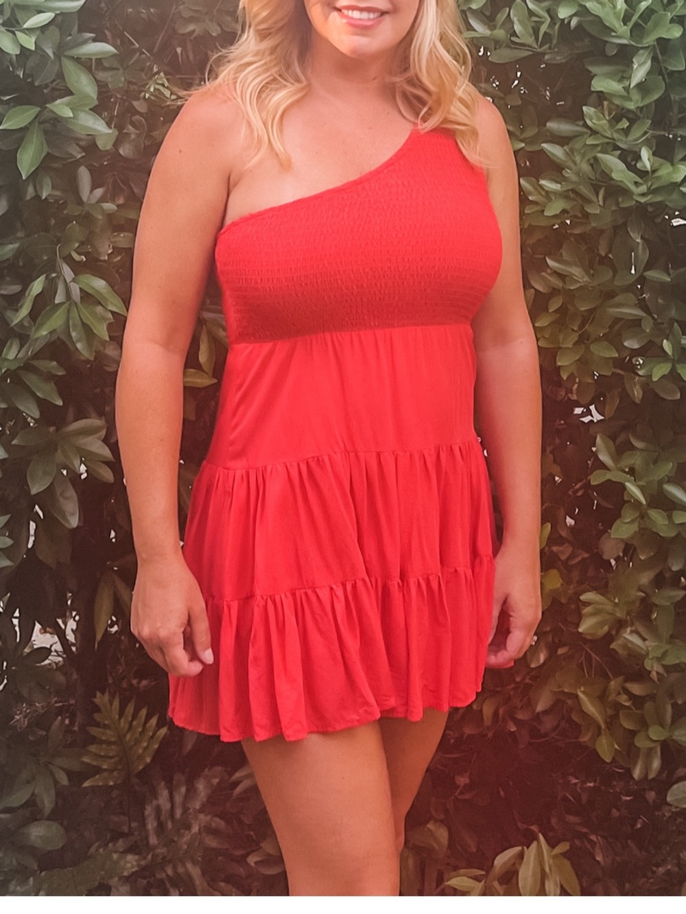 Le Lis Red One-Shoulder Tiered Dress